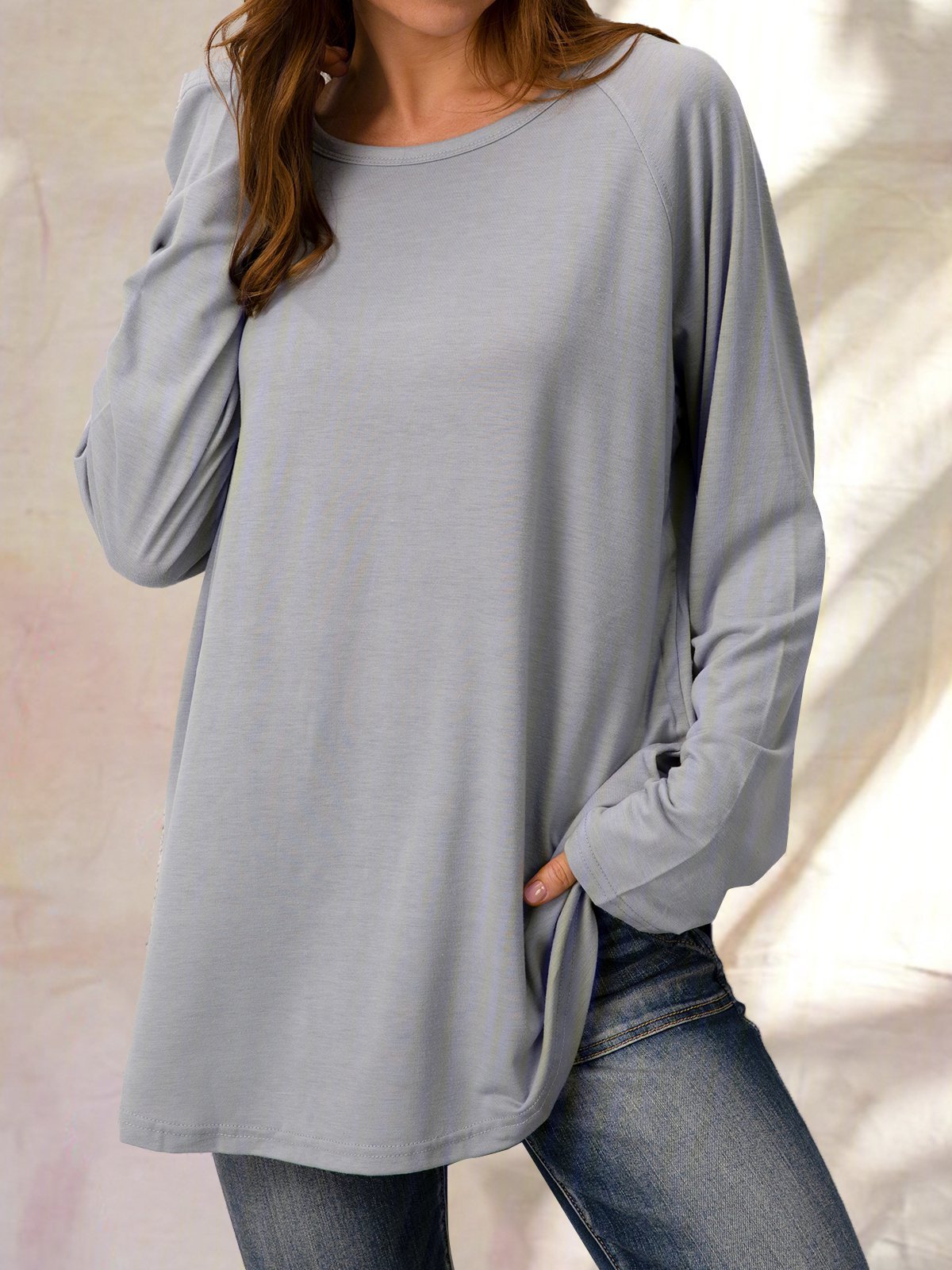 Top Gris Coton Décontracté Col Rond Unicolore manches longues ample et confortable