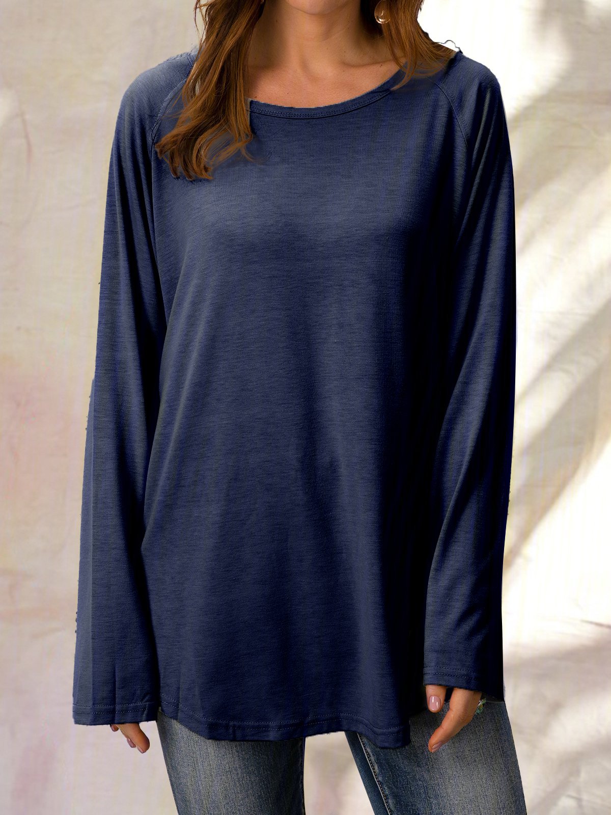Top Gris Coton Décontracté Col Rond Unicolore manches longues ample et confortable