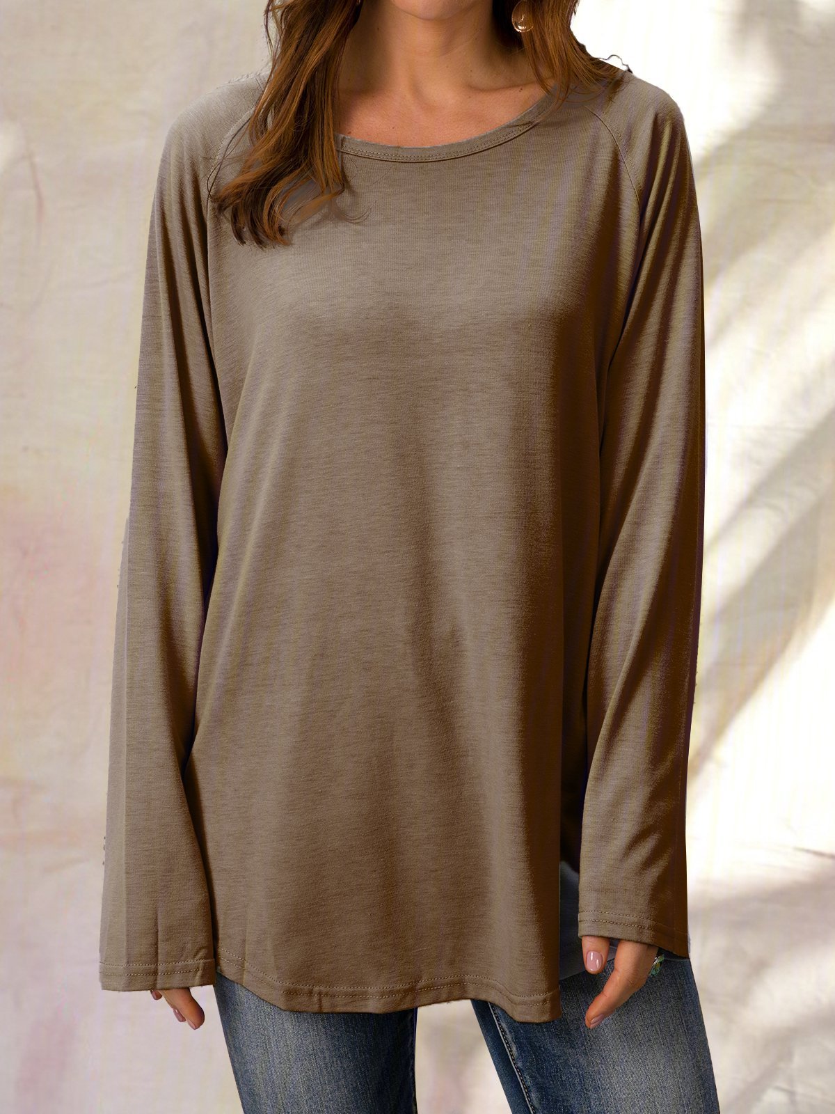 Top Gris Coton Décontracté Col Rond Unicolore manches longues ample et confortable
