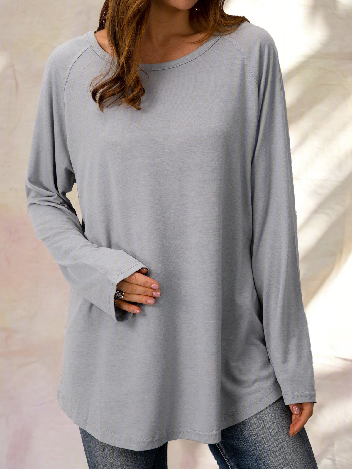 Top Gris Coton Décontracté Col Rond Unicolore manches longues ample et confortable