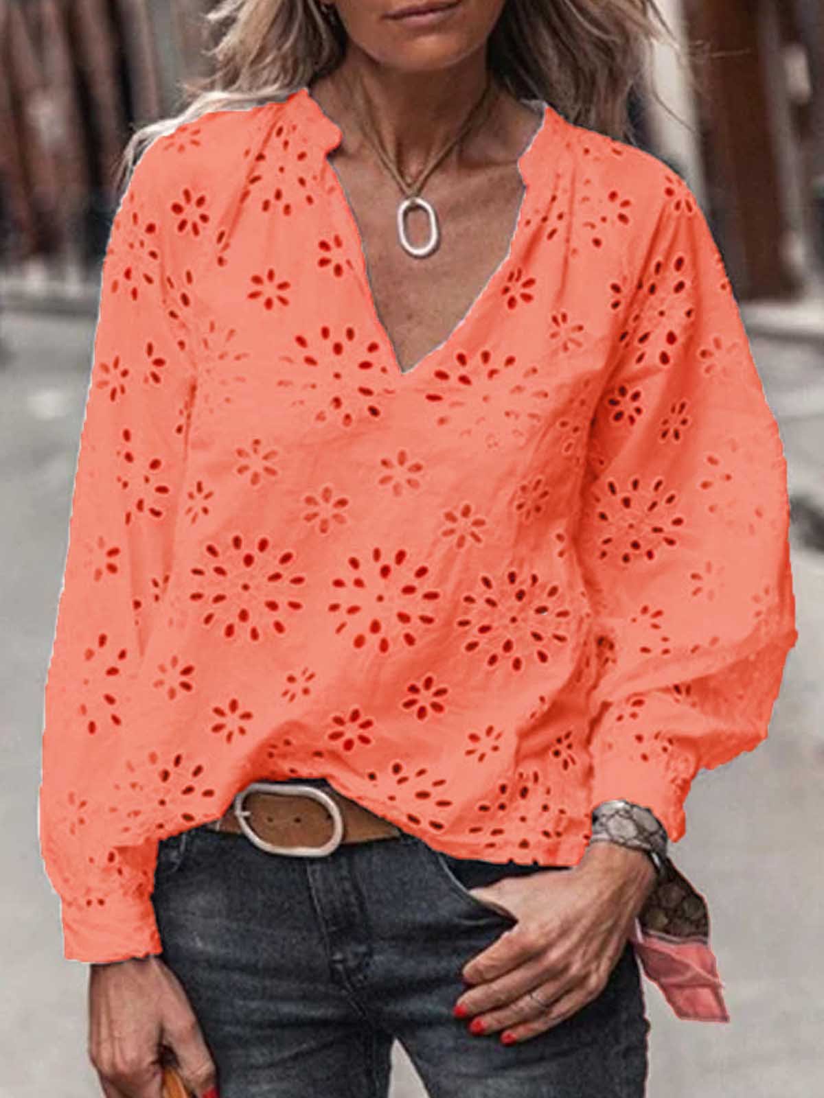 Haut en dentelle Blanc Col V Patchwork Tops Décontractés