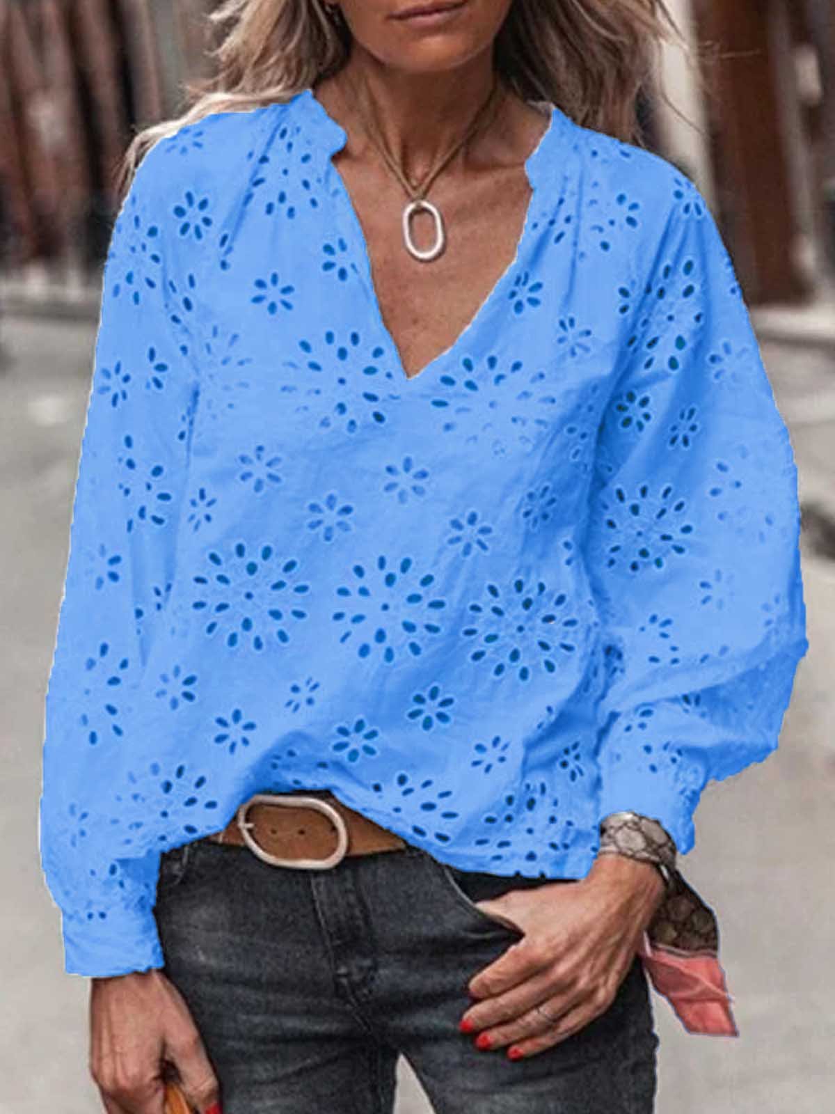 Haut en dentelle Blanc Col V Patchwork Tops Décontractés