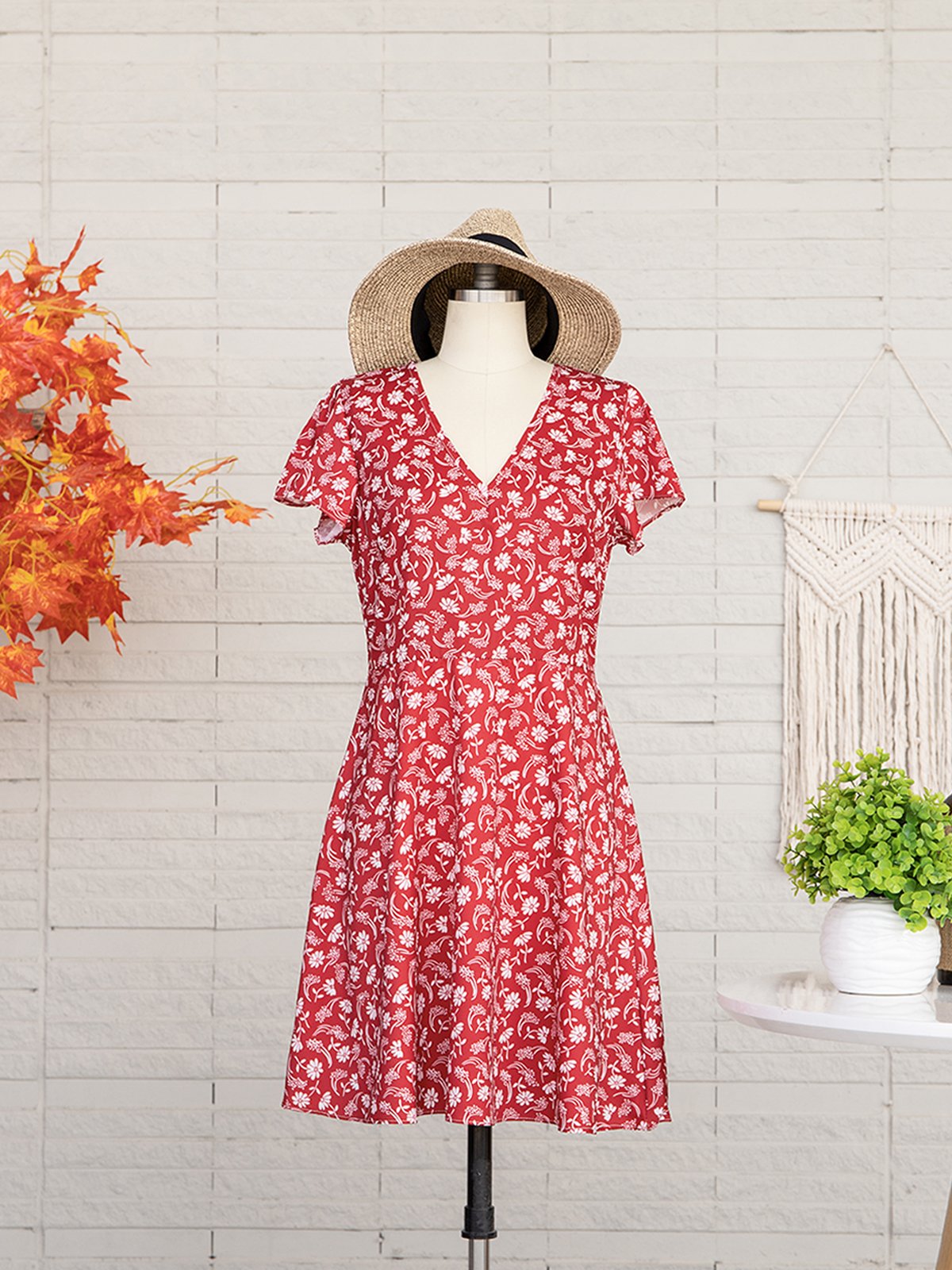 Robe D'été Femme Vetement Hippie Chic Florale Mince à Manches Courtes
