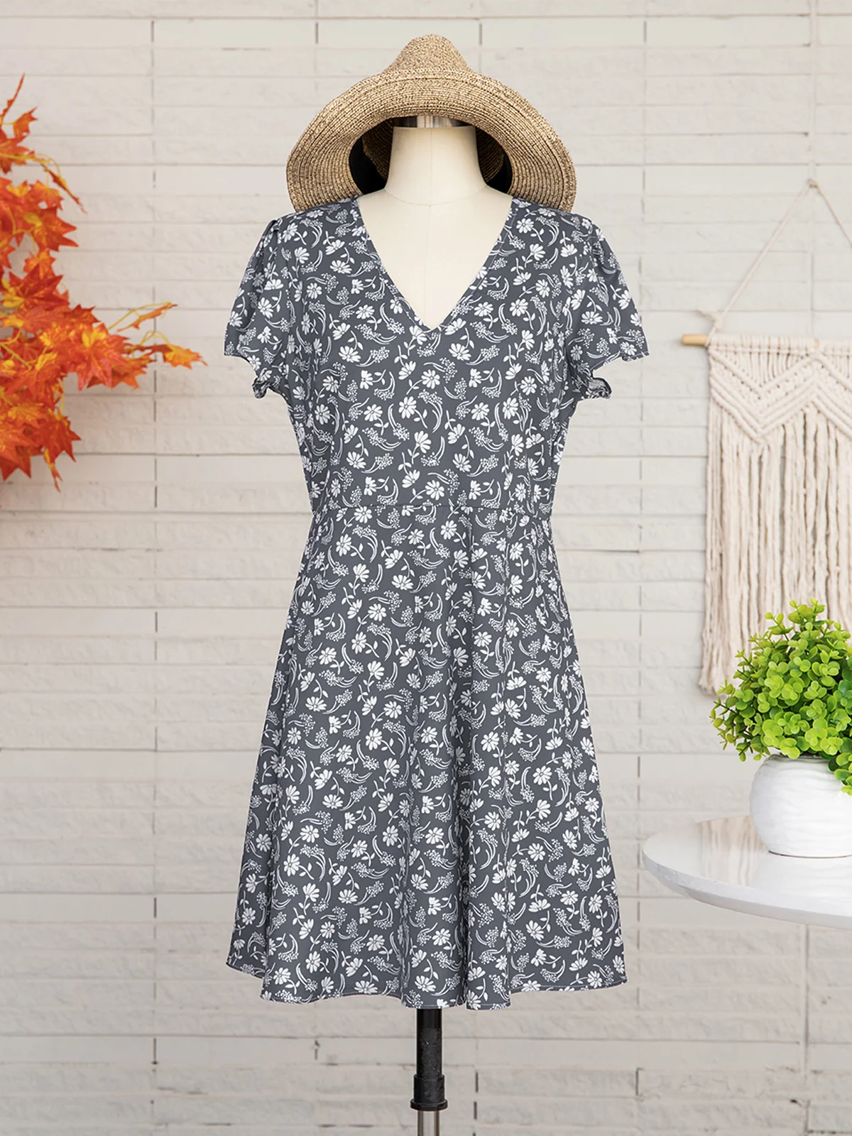 Robe D'été Femme Vetement Hippie Chic Florale Mince à Manches Courtes