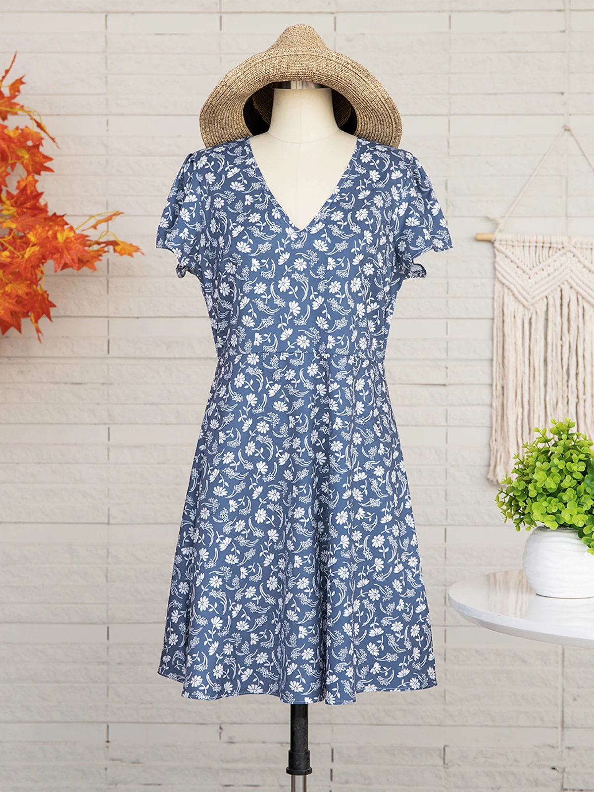 Robe D'été Femme Vetement Hippie Chic Florale Mince à Manches Courtes