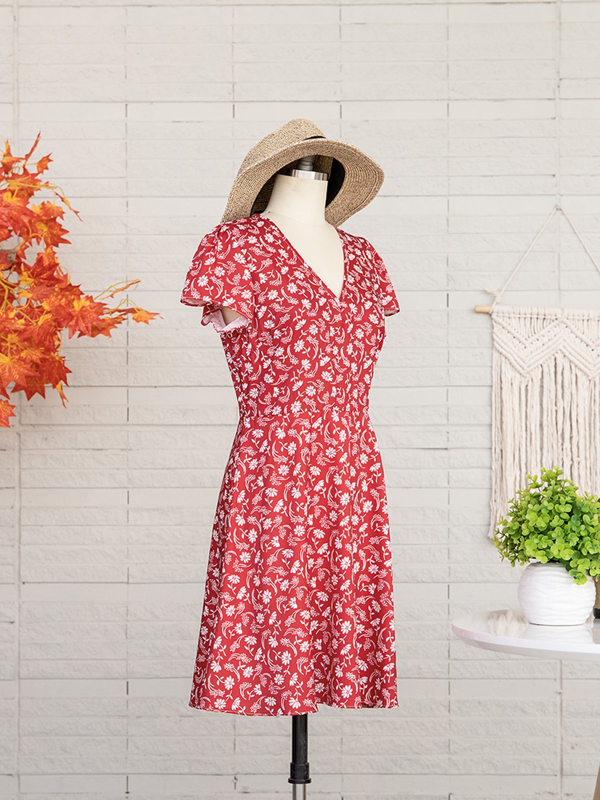 Robe D'été Femme Vetement Hippie Chic Florale Mince à Manches Courtes