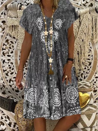 Robes de Grande Taille Élégantes Rétro Boho à Col V et à Manches Courtes en Coton pour Femmes & Vacances