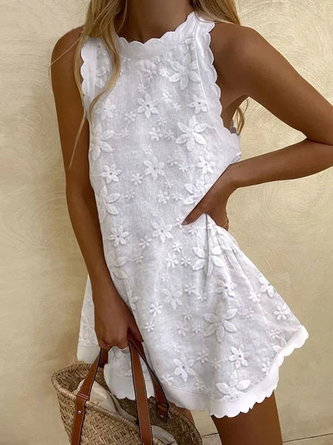 Robes Été en Lin Classique Géométrie Micro-élasticité Dentelle Court Sans Manches Vacances T.-N.-L. pour Femmes