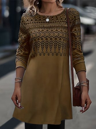 Femmes Ethnique Brun Col Rond Confortable Court Robe Décontracté