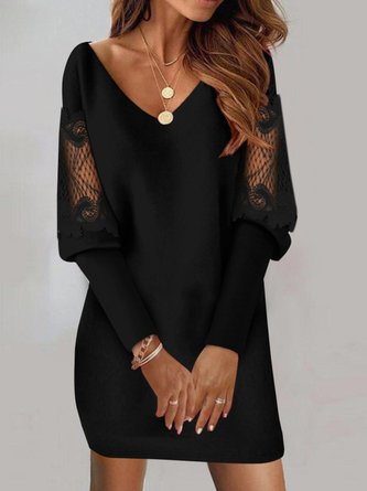 Femmes Plain Noir Col V Confortable Dentelle Robe Mi-Longue Décontracté