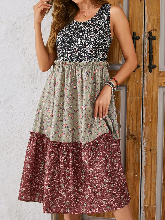 Femmes Floral Multicolore Col Rond Confortable Joint Fendu Robe Mi-Longue Décontracté