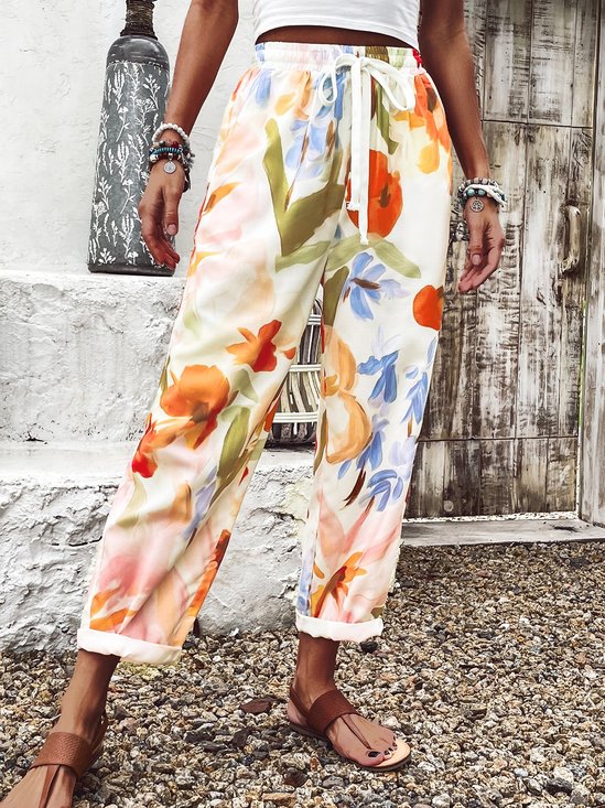 Pantalons Femmes Décontracté Floral Printemps / Automne Coton Aucune élasticité Quotidien Taille Moyenne Droit Régulier