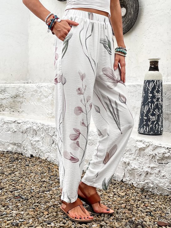 Pantalons Femmes Décontracté Floral Printemps / Automne Viscose Aucune élasticité Long Droit Régulier Poche Couture