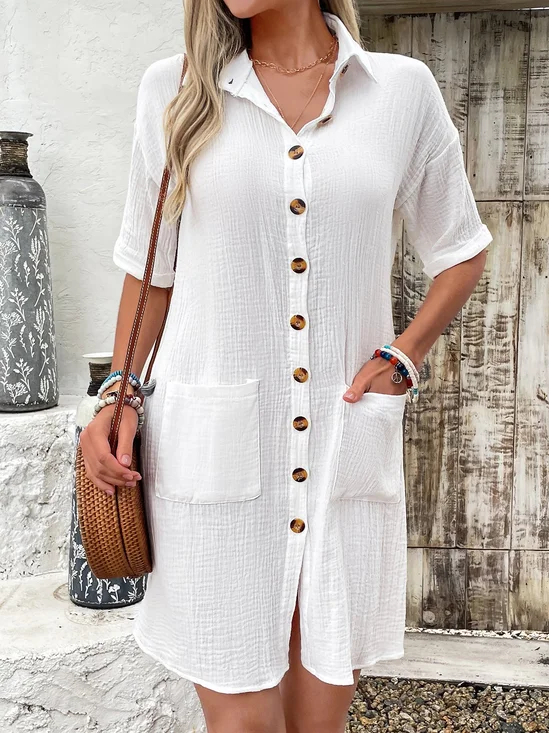 Femmes Plain Blanc Col de Chemise Confortable Mini Robe Décontracté