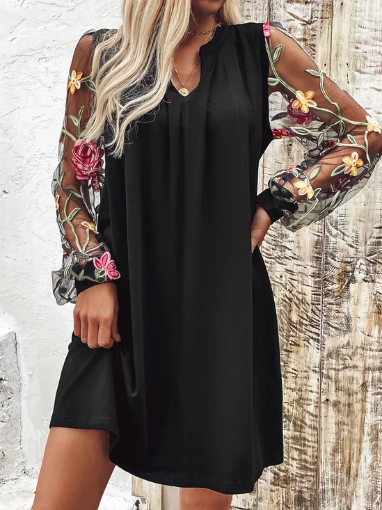 Femmes Floral Noir Col V Confortable Maille Mini Robe Décontracté