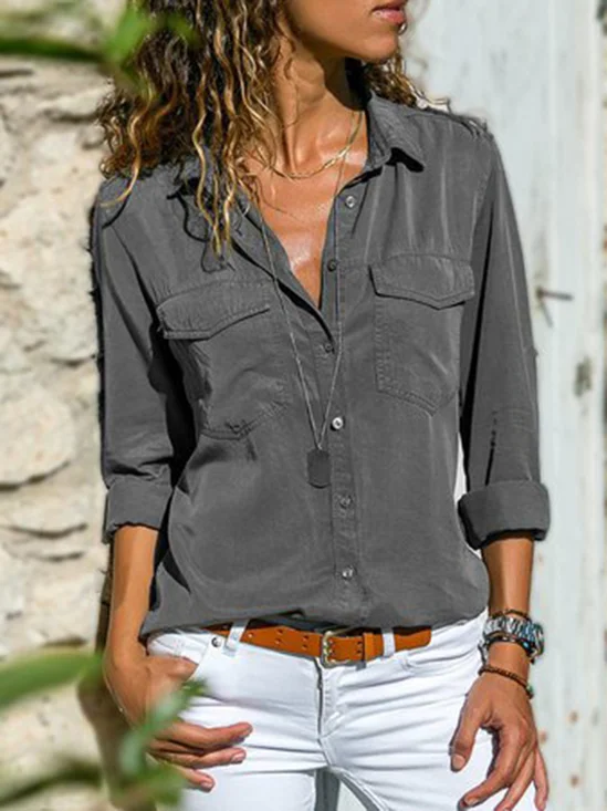 Femmes Mode Col Revers Unicolore Col V Manches Longues Blouse