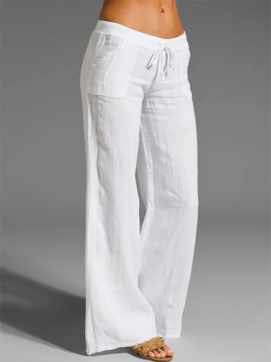 Décontracté mi-hauteur Unicolore en Lin à Jambe Droite Pantalons