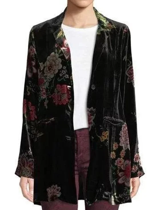 Manteau Droit Floral à Manches Longues en Velours Corail Vêtement d'Extérieur Noir Femme