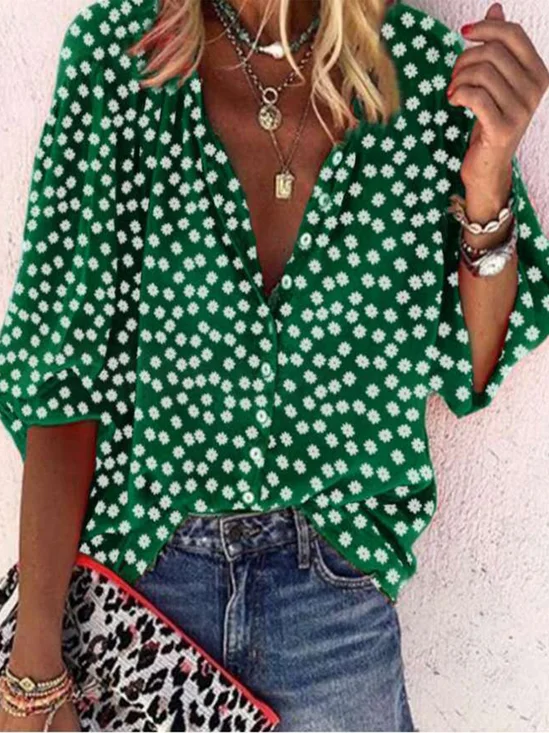 Chemise Fleurie Rétro Manches 3/4 Boho Imprimé Floral Col V de Grande Taille Décontracté Tops