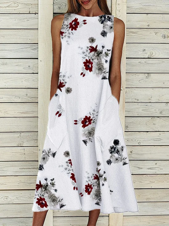 Robe bohème Florales Droites Sans Manches Blanc longue