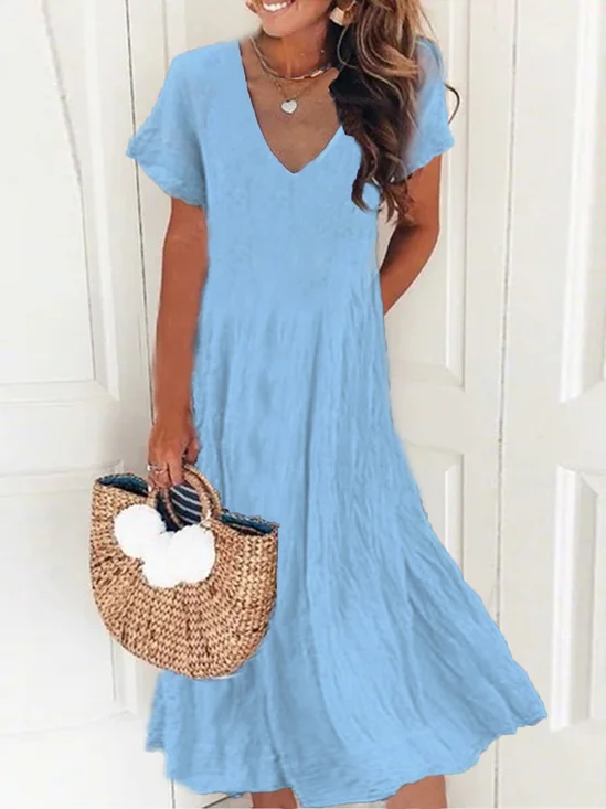 Robe de Grande Taille Rétro Boho Plaine Décontractée Élégante à Manches Courtes et à Col V Pour Femmes