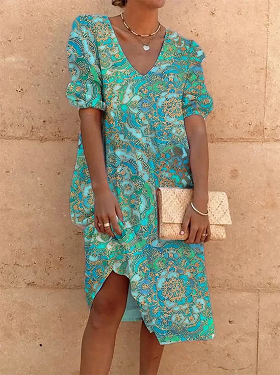 Robe à Motif Cachemire en Mélangé de Coton Pour Vacances