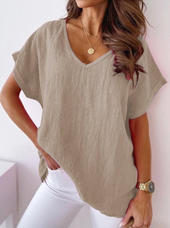 Chemises Plain Été en Lin Naturel Manches Courtes Ample Coton Régulier Régulier pour Femmes