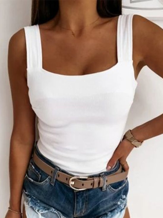 Débardeur Femme Bretelles Basique Blanc Col Carré Sexy Camisole