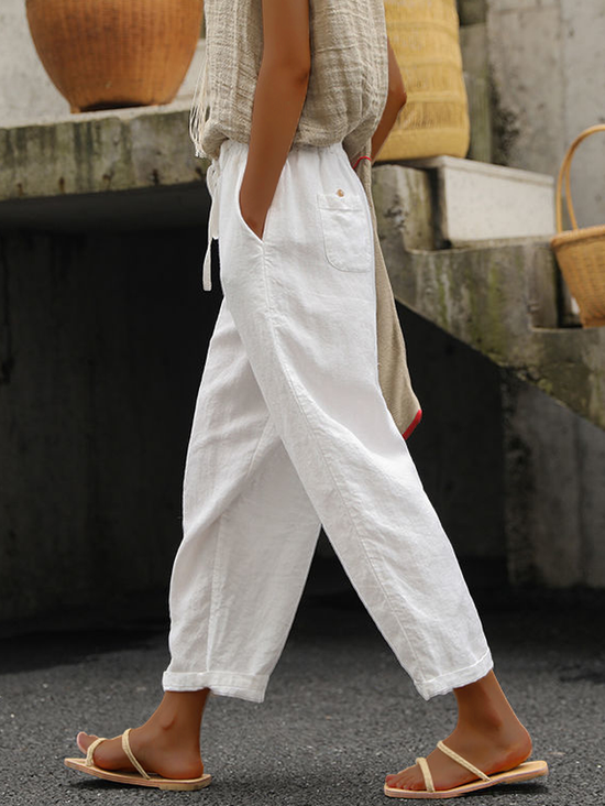 Pantalon Large Hyper Confort Mélange de Coton et Lin Ample Chanvre Blanc