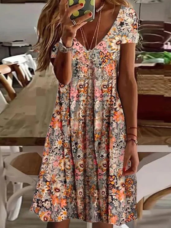 Robe bohème chic Floral Décontracté Coupe Régulière Manches Courtes Tricoté