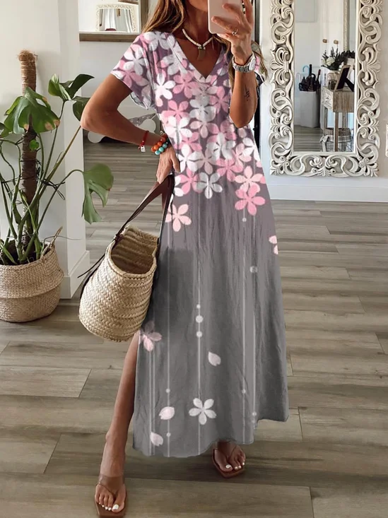 Décontracté Floral Manches Courtes Col V de Grande Taille Imprimé Robe