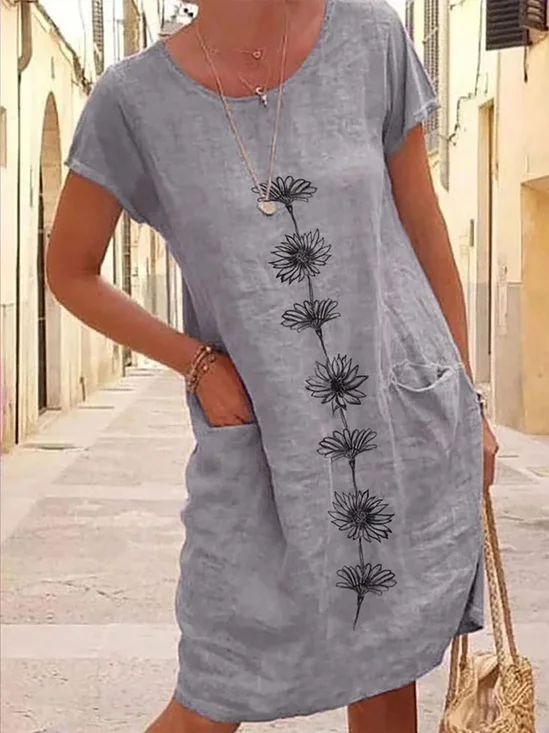 Robes Femmes Été en Lin Floral Motif Naturel Aucune élasticité Ample Droit Régulier Non