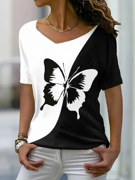 T-shirts Femmes Été Décontracté Imprimé d'Animal image Col V Aucune élasticité Quotidien Pull-over Manches Courtes T.-N.-L.