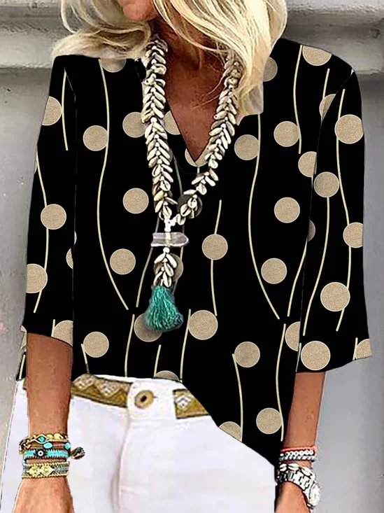 Blouse Décontracté à pois Manches 3/4 Col V de Grande Taille Imprimé Tops