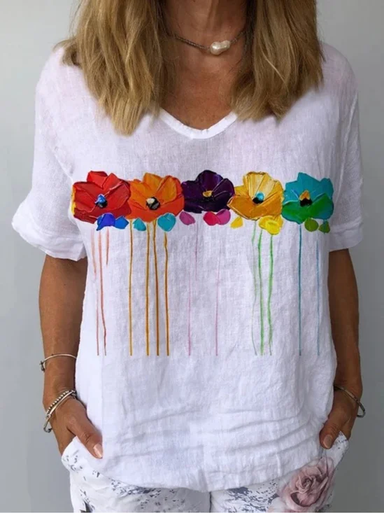 Chemisiers1 Floral Été Décontracté Coton Aucune élasticité Manches Courtes Ample Régulier Droit pour Femmes