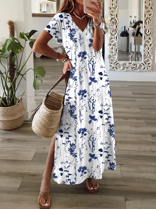 Robe longue bohème Floral Col V Manches Courtes de Grande Taille Décontractée
