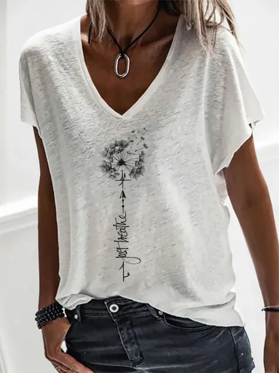Décontracté Col V Pissenlit Manches Courtes Ample T-shirt