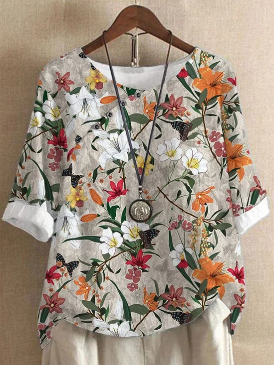 Blouses Femmes Décontracté Printemps / Automne Floral Motif Polyester Boutonné Léger Quotidien Manches trois quarts Col Rond