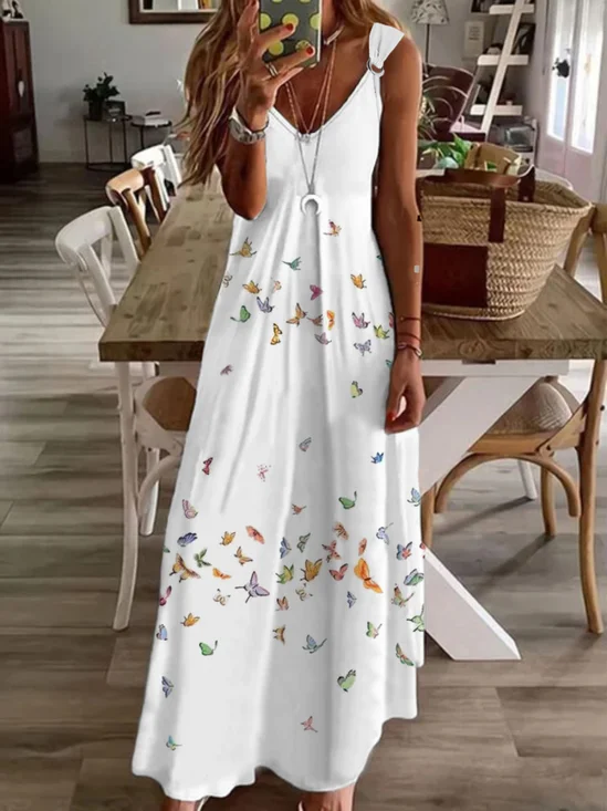 Robes Femme Décontracté Été Papillon Col en V Naturel Quotidien Jersey Long Autres