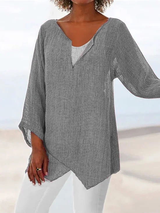 Chemise Femme en Lin Ample Manches Longues Asymétrique