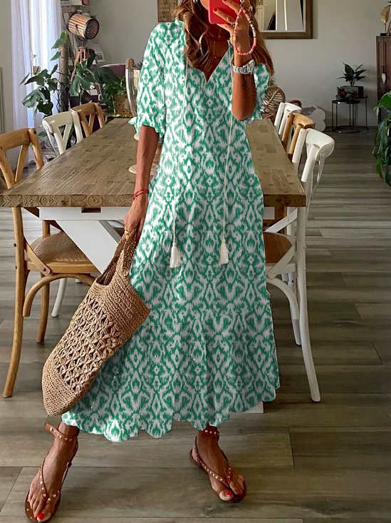 Femmes Floral Bleu Col V Confortable Robe Maxi Décontracté