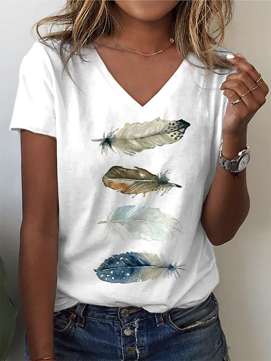 T-shirt Décontracté Plume Motif Col en V Léger Micro-élasticité Quotidien Manches courtes H-Line pour Femme