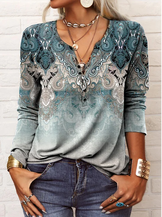 T-shirts Boho Ethnique Printemps / Automne Jersey Manches Longues Régulier Régulier Col mi-ouvert N / A pour Femmes