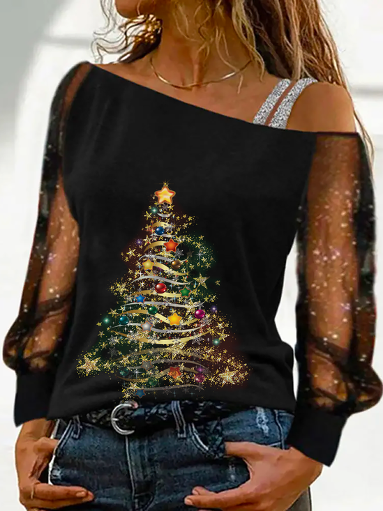 Chemise Femme Noire Épaule Dénudée Sapin de Noël Décontracté Automne Hiver Soirée Élégante 