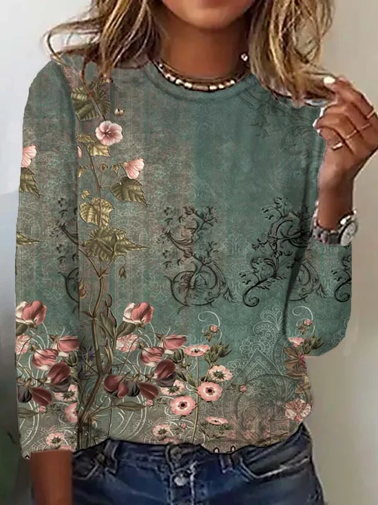 T-Chemise Décontracté Floral Automne Ample Meilleure vente Manches Longues Col Rond Régulier H-ligne pour Femmes