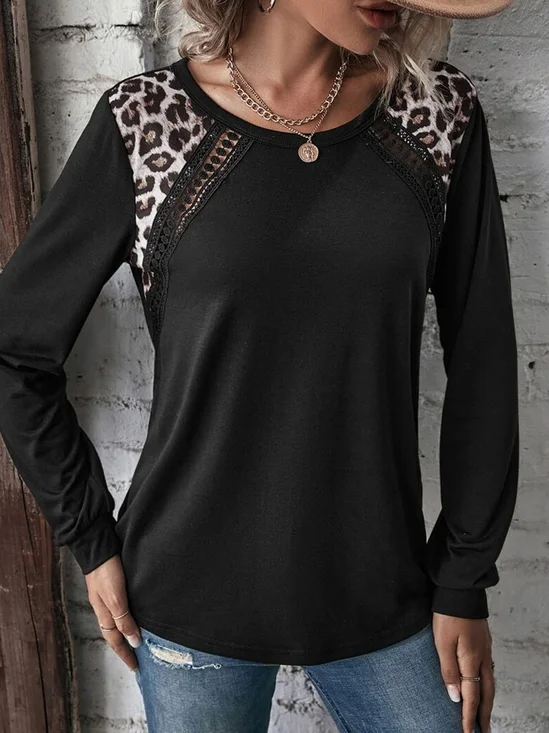 T-Chemise Femmes Décontracté Motif Léopard Printemps Quotidien Ample Dentelle Standard Manches Longues H-ligne