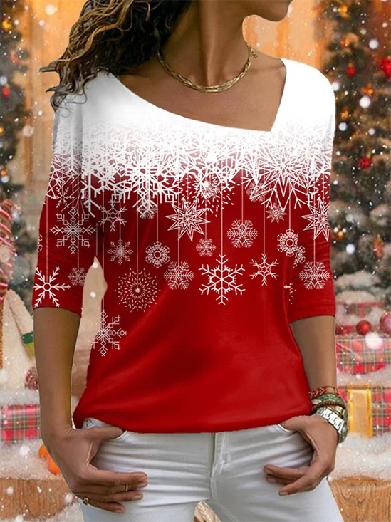 T-Chemise Décontracté Hiver Noël Micro-Élasticité Jersey Noël Asymétrique H-ligne Régulier pour Femmes