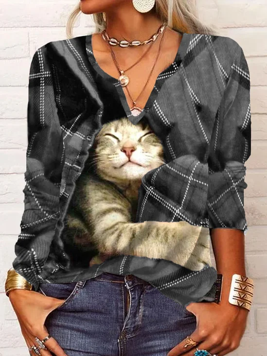 T-Chemise Femmes Décontracté Hiver Plaid Col V Léger Micro-Élasticité Vacances Manches Longues H-ligne