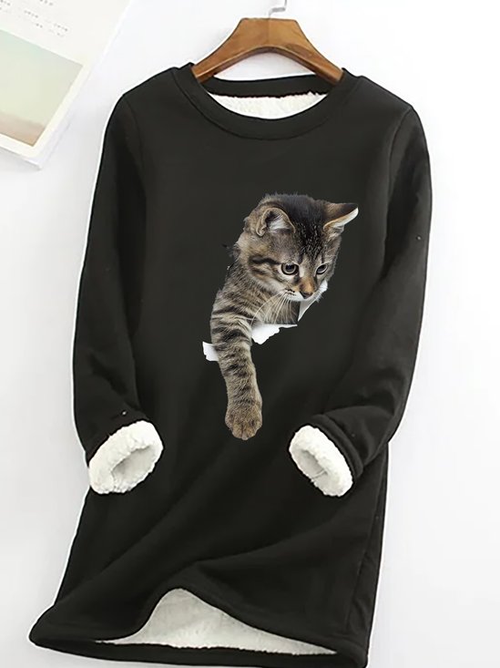 Sweat-shirts Printemps / Automne Simple Chat Polyester Micro-élasticité Quotidien Ample Manches Longues Col Rond pour Femmes