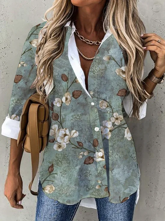 Blouse Décontracté Floral Printemps Aucune élasticité Domestique Manches Longues H-ligne Régulier Col de Chemise pour Femmes